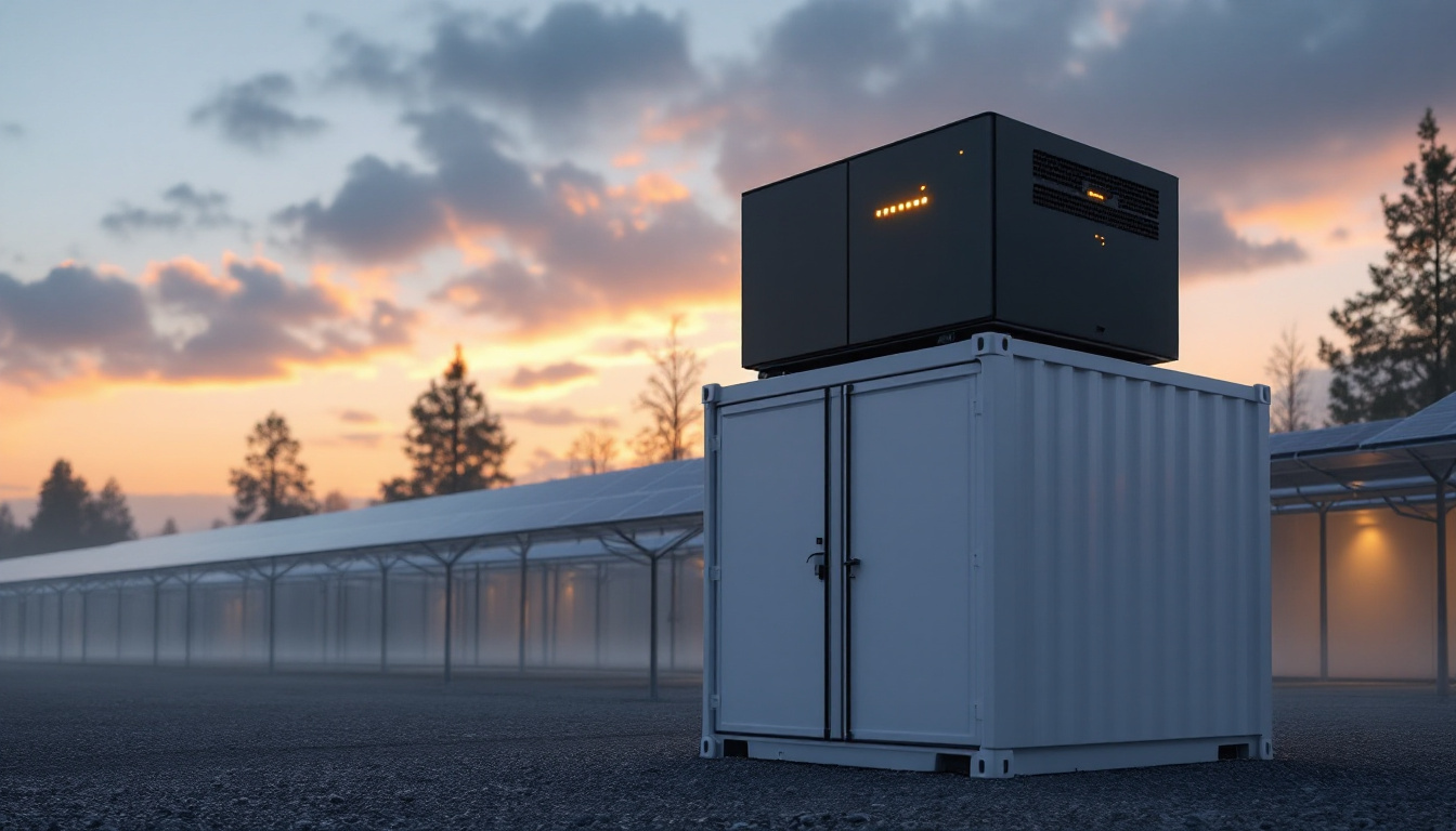 KI-Rechenmodul auf einem Batteriespeicher in einem deutschen Industriegebiet